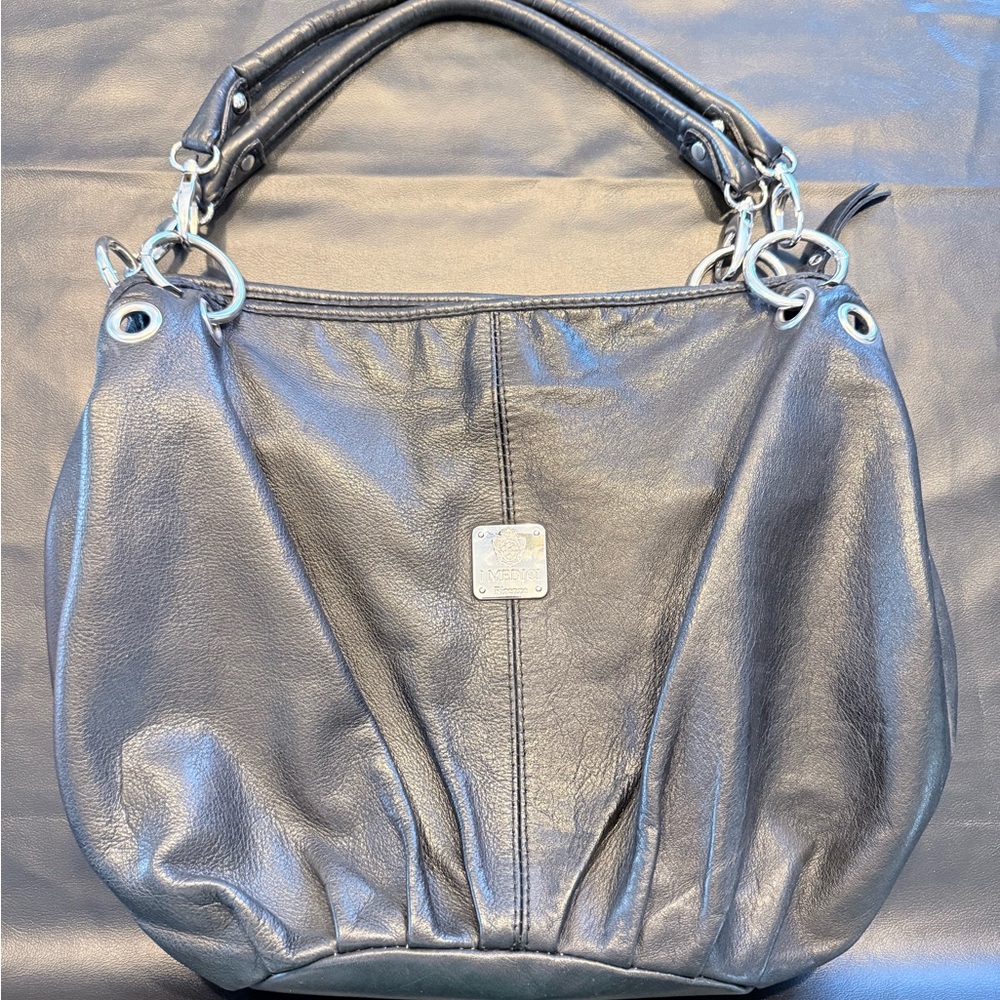 Black Leather Shoulder Hobo Bag with Silver Hardware